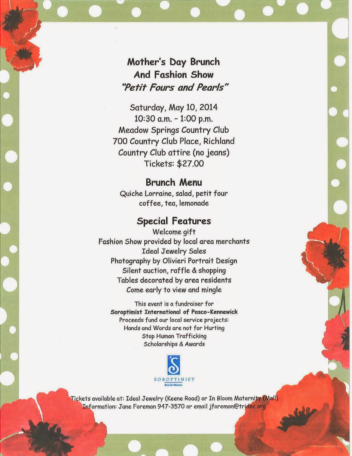 Richland, Washington, Mother's Day, Event, Fund Raiser, Mother, Brunch, Fashion Show, Soroptimist International of Pasco-Kennewick, Petit Fours and Pearls