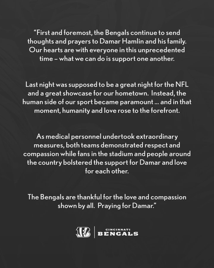 Damar Hamlin Buffalo Bills Cincinnati Bengals Owner Statement, Information, and Update