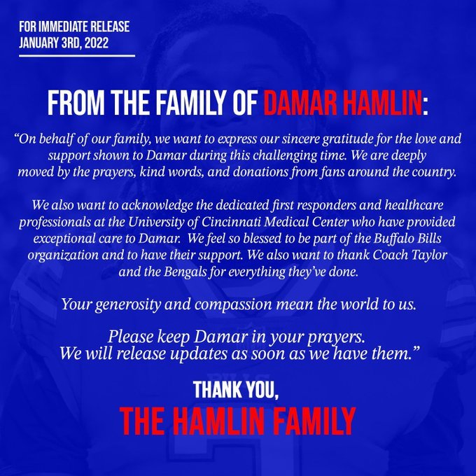 Damar Hamlin Buffalo Bills Cincinnati Bengals Family Statement